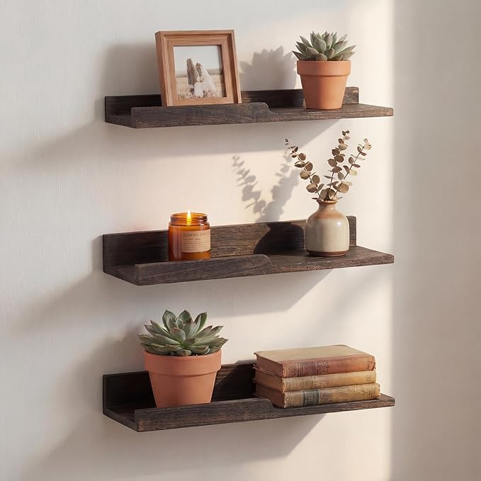 Rebee Vision Rustic Floating Shelves Set of 3 : Farmhouse Wood Bathroom Decor Wall Mounted for Display Storage and Small Hanging Shelf for Bedroom, Laundry Room, Kitchen, Office (Carbonized Brown)