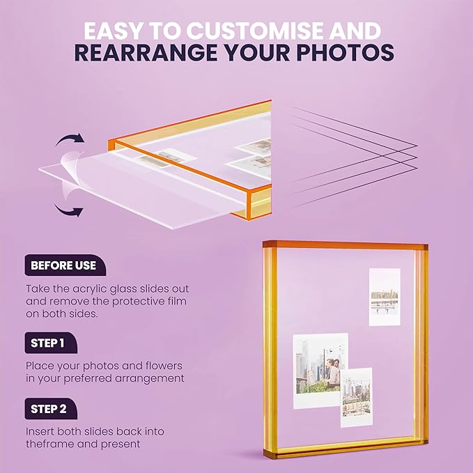 Elil Orange Polaroid Frame for Fujifilm Instax Film - 8.3" x 7.6" Collage Picture Frame for Family Wedding - Double Glass Acrylic Frame Set of 2
