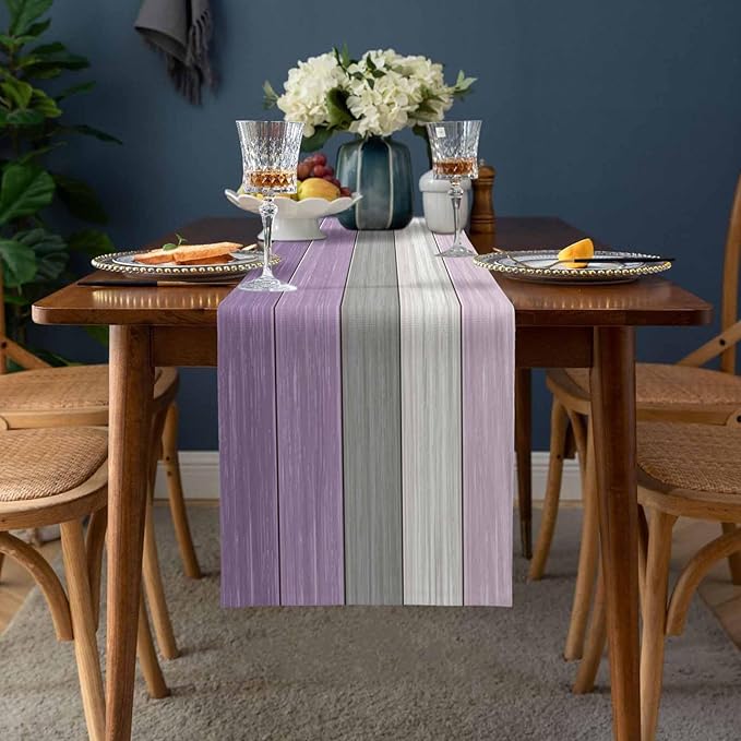 Farmhouse Cotton Linen Table Runner Dresser Scarf Retro Rustic Barn Wood Texture Ombre Lavender Purple Gray Non-Slip Rectangle Settings Decoration for Kitchen Home Dining Holiday, 18x72 inch
