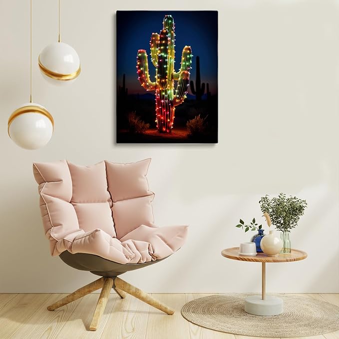 Christmas Cactus Canvas Wall Art Print, Southwestern Decor, Holiday Desert Art for Bedroom, Living Room, Apartment, Office - 24x36 Inch Framed