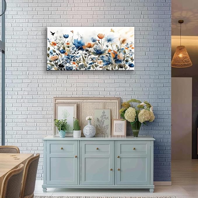 KZKU Watercolors Floral Canvas Wall Art Prints for Home Decor Living Room Dining Room Bedroom Office Wall Decor Multicolored Flowers Canvas Artwork Size：20x40inch