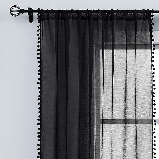 Treatmentex Modern Black Sheer Curtains for Studio 72 inches Long Bedroom Curtain Panels Living Room Bedroom Pom Pom Window Drapes 2-Pack