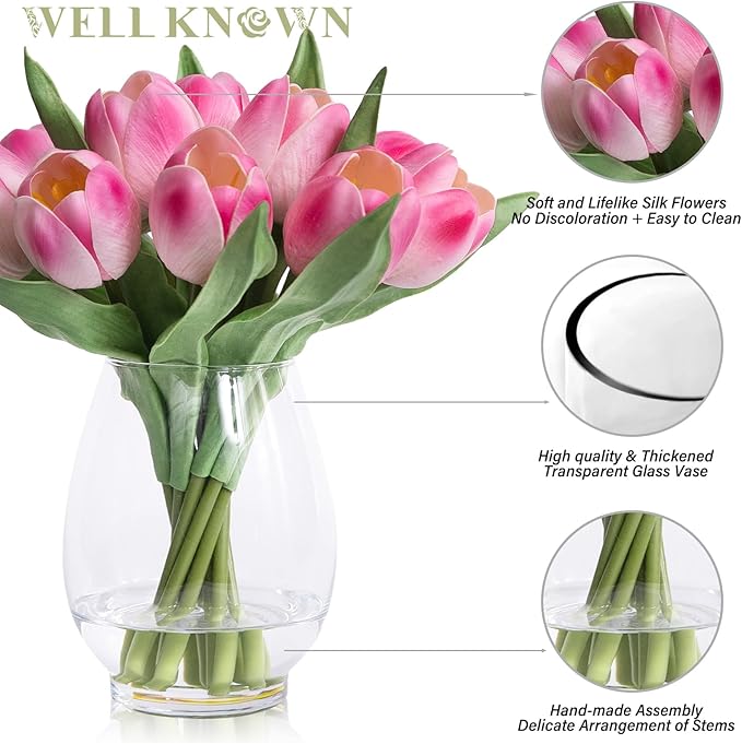 WELL KNOWN 12 Pcs Fake Tulips Artificial Pink Flowers in Vase with Faux Water, Real Touch Foam Tulips Arrangements with Vase for Home Office Decor, Dining Table Wedding Centerpiece Gift (Fuchsia)