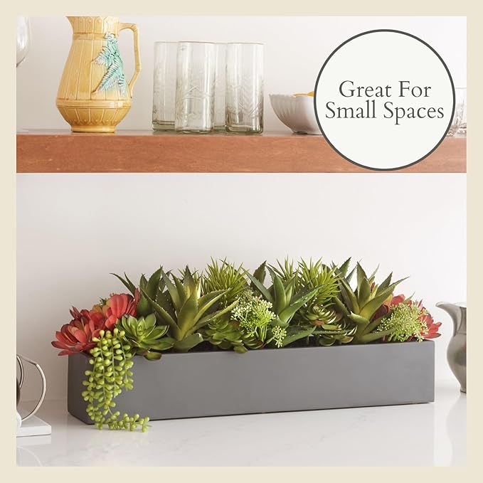 CG Hunter Oblong Faux Succulent Arrangement, Premium Artificial Indoor Plant Enhances Interior Design, Display on any Surface in Your Home Adding an Inviting Touch of Nature, Grey Planter Pot Included