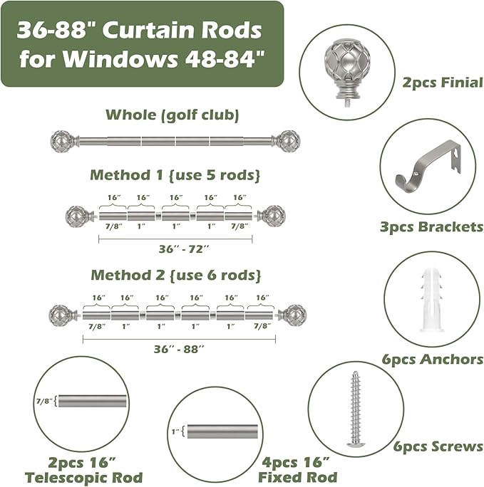Silver Curtain Rods for Windows:Farmhouse Boho Decorative Curtain Rod for Bedroom Living Room,Heavy Duty Adjustable Rustic Drapery Pole Set with Vintage Coastal Finials,Antique Silver 36-88"