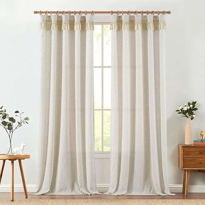 jinchan Linen Curtains for Living Room Bedroom Light Filtering Semi Sheer Curtains Boho Farmhouse French Country Cottage Core Decor Window Drapes Back Tab 84 Inch Length Tassel Beige