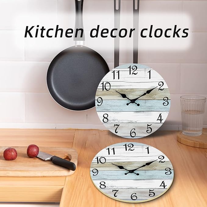CHYLIN Wall Clock - 16 Inch Silent Non Ticking Coastal Wall Clocks Battery Operated, Wooden Rustic Farmhouse Clock Decorative for Living Room, Kitchen, Bathroom, Office (Blue)