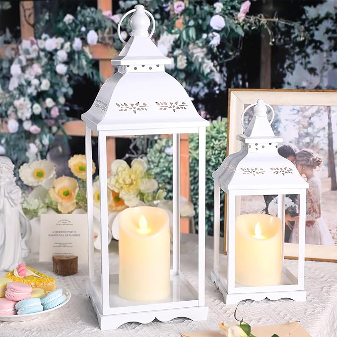 2 Pack Lanterns Decorative Indoor, White Farmhouse Outdoor Lantern for Porch, 17'' 12'' Floor Lantern Decor (no Glass) with 2PCS LED Flameless Candles for Wedding Home Table Front Door