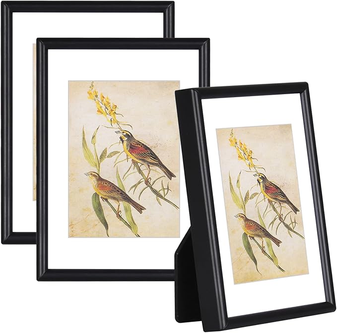 3.5x5-3P Picture Frame Black Brushed Thin Metal Float Photo Frame with HD Glass, Fit 2.5x3.5 with Mat or 3.5 x 5 without Mat, for Table and Wall, 3 Pack