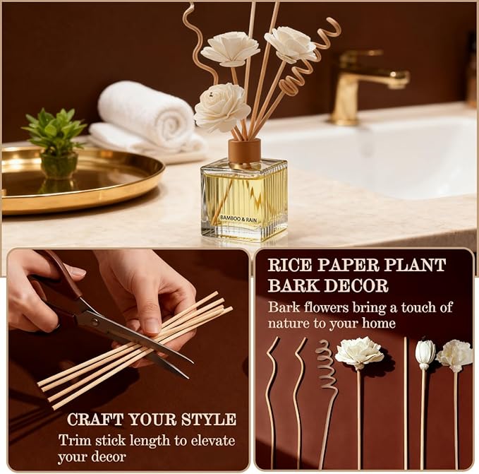 Bamboo Rain Reed Diffuser Set - 6.7 oz Glass Bottle with 4 Rattan Sticks, 3 Dried Flowers | Adjustable, Long-Lasting Scent for Home, Bedroom, Living Room, Office, Bathroom | Aromatherapy Gift Set