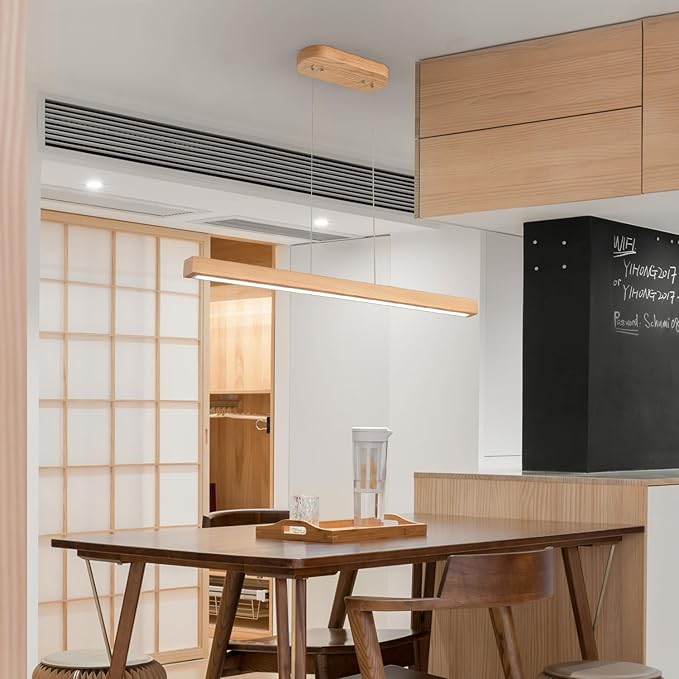 31.5" 18W 1-Light Wooden Led Linear Pendant Light Dimmable Led Ceiling Hanging Light Fixtures Modern Chandeliers for Dining Room Kitchen Island Lights Natural