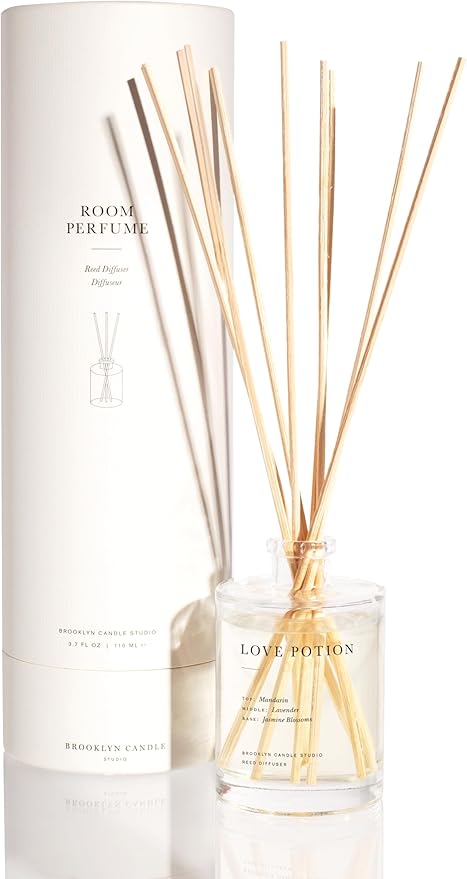Brooklyn Candle Studio Reed Scent Diffuser - Relaxing Oil Diffuser, Sandalwood & Amber Fragrance, 8 Rattan Diffuser Reeds, Clean Ingredients (3.7oz, Love Potion)