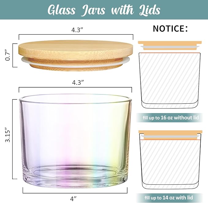 16oz 3 Wick Candle Jars 6 Pack - Large Empty Iridescent Wide Mouth Glass Candle Making Jars with Bamboo Lids and Stickers and Labels, Bulk Candle Containers for Making Candles