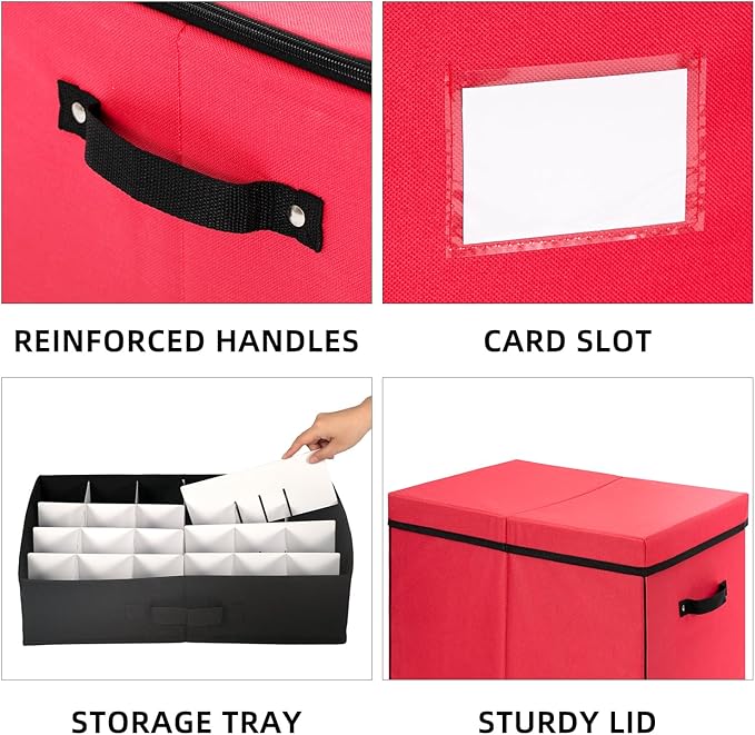 JY COOKMENT Christmas Ornament Storage Box with Adjustable Dividers, Large Holiday Ornaments Storage Container Bin with Lid for Xmas Decorations (72-3" Balls, Red, With Removable Tray)