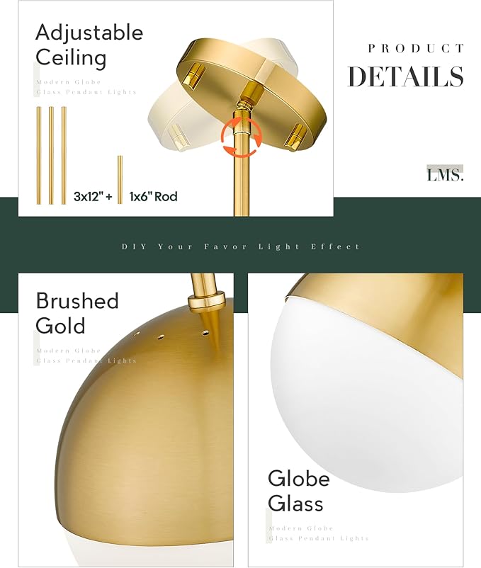 LMS Modern Pendant Lighting Gold Globe Pendant Light Fixture, Mid Century Chandelier One Light Hanging Fixture for Kitchen Island, Adjustable Indoor Lighting for Dinning Room Bedroom, LMS-187
