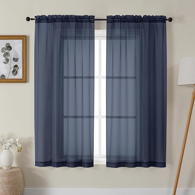 Gwine Navy Blue Sheer Curtains 63 Inch Length for Living Room 2 Panels, Light Filtering Rod Pocket Window Curtain Treatment for Bedroom, Voile Elegant Sheer Drapes，Each 42" Wx63 L, Navy Blue