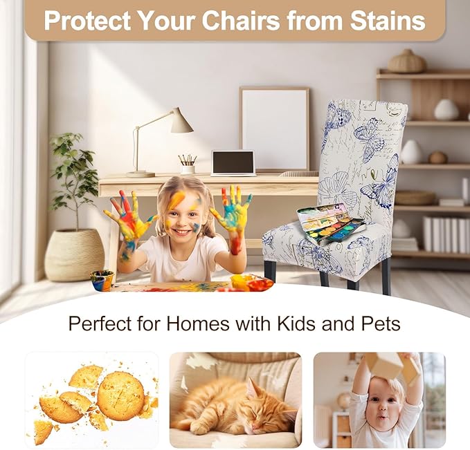 SearchI Dining Room Chair Covers Set of 4, Stretch Printed Parsons Chair Slipcovers Spandex Removable Washable Kitchen Chair Protector Cover for Dining Room, Hotel, Ceremony (Butterfly Pattern)