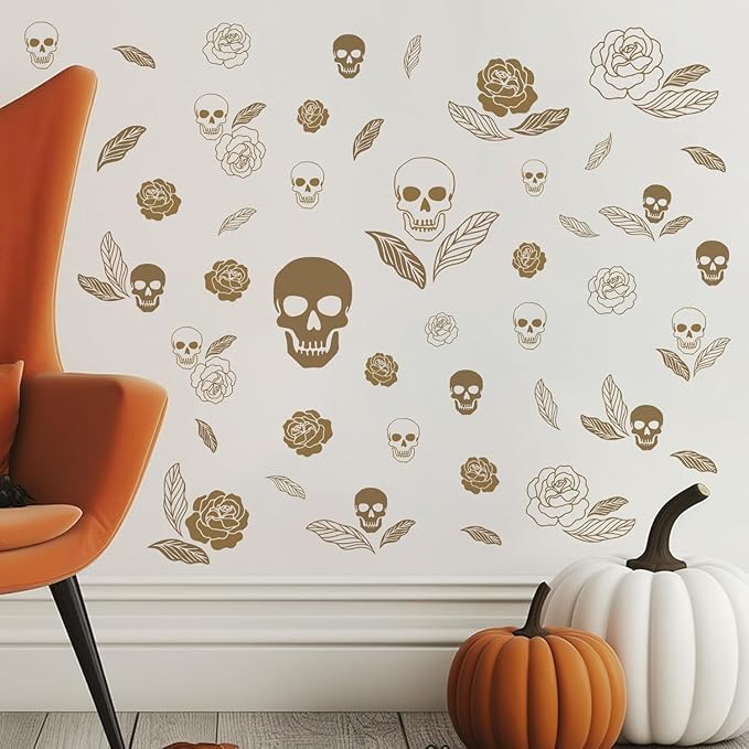 Skull and Rose Halloween Wall Decals,Floral Wall Stickers,Removable Skull Halloween Wall Stickers,Gothic Wall Decals,Suitable for Bedrooms,Living Rooms,Party Scenes,Kindergartens