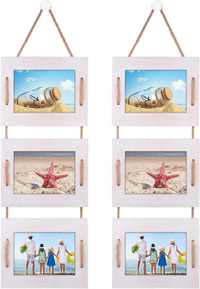 DLQuarts 5x7 Hanging Picture Frames Collage Wall Decor, 3-Frame Set, 3.5x5 with Mat or 5x7 Without Mat, Rustic Solid Wood Photo Frame Pack of 2 Vintage White