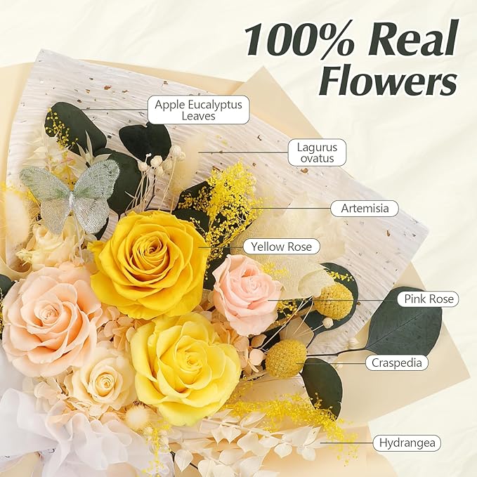 Casaido Preserved Flowers for Delivery, 6 Yellow Roses Bouquet, Birthday Gifts for Women, Christmas Rose Gifts for Mom Wife Girlfriend, Real Flowers for Valentines Day Anniversary