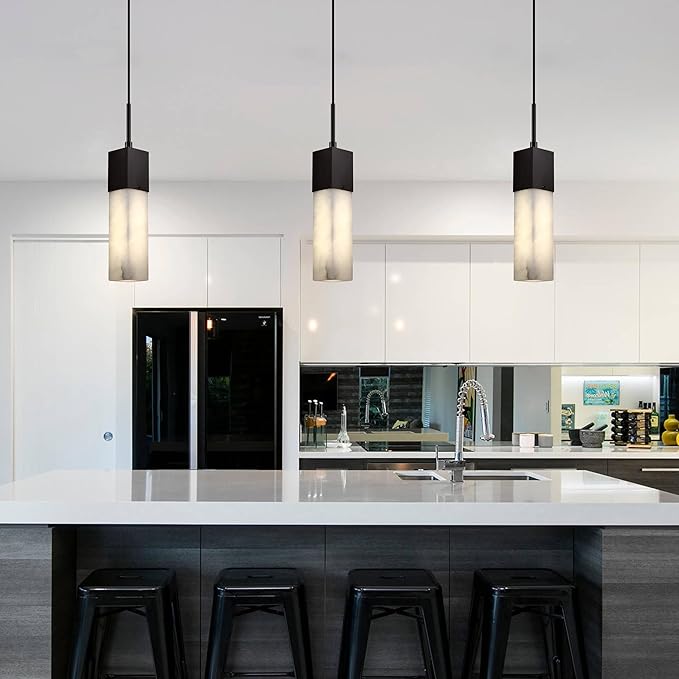 1 Light Hanging Kitchen Island Natural Alabaster Marble Pendant Ceiling Light Fixture,Modern Industrial Farmhouse Light Oil Rubbed Bronze Finish Over Sink Restaurant bar Corridor