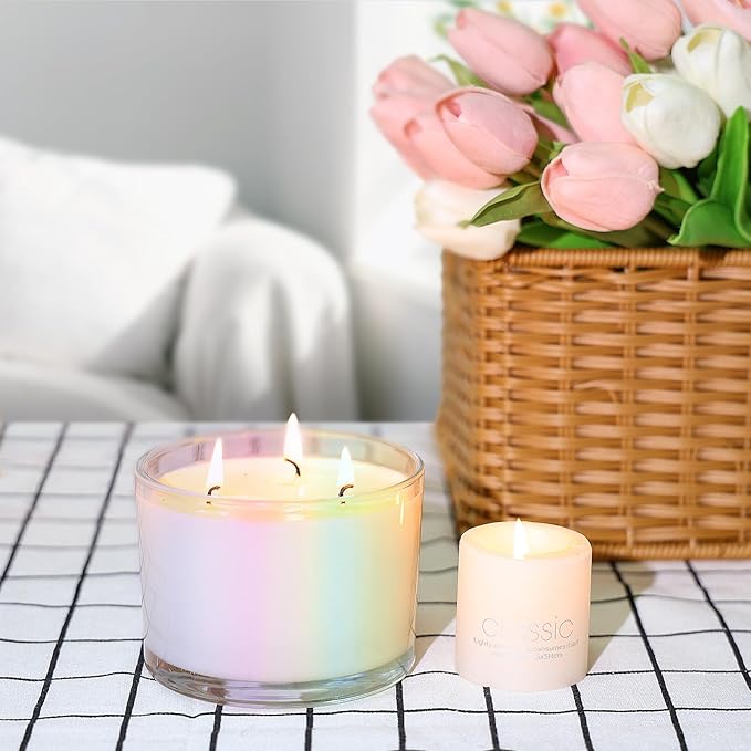 16oz 3 Wick Candle Jars 6 Pack - Large Empty Iridescent Wide Mouth Glass Candle Making Jars with Bamboo Lids and Stickers and Labels, Bulk Candle Containers for Making Candles