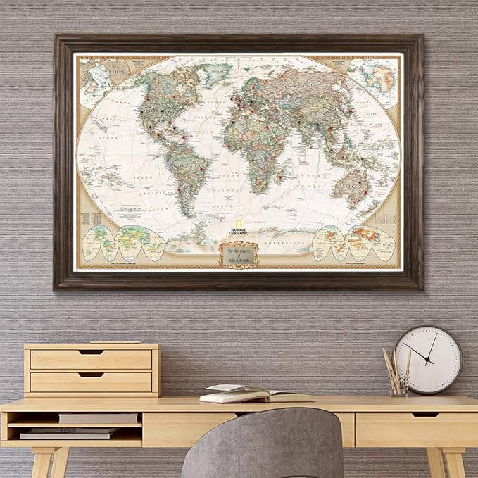 Push Pin Travel Maps Customizable Wall Art - Executive World - Solid Wood Brown - Personalized Framed Pin Map, Includes 150 Pins - Handcrafted in USA - 27.5" x 39.5"