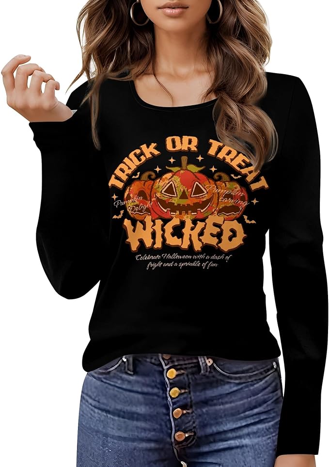 Halloween Sweatshirt Ghost Graphic U-Neck Sweatshirt Long Sleeve Breathable Plus Size Halloween Pullover Best Gift