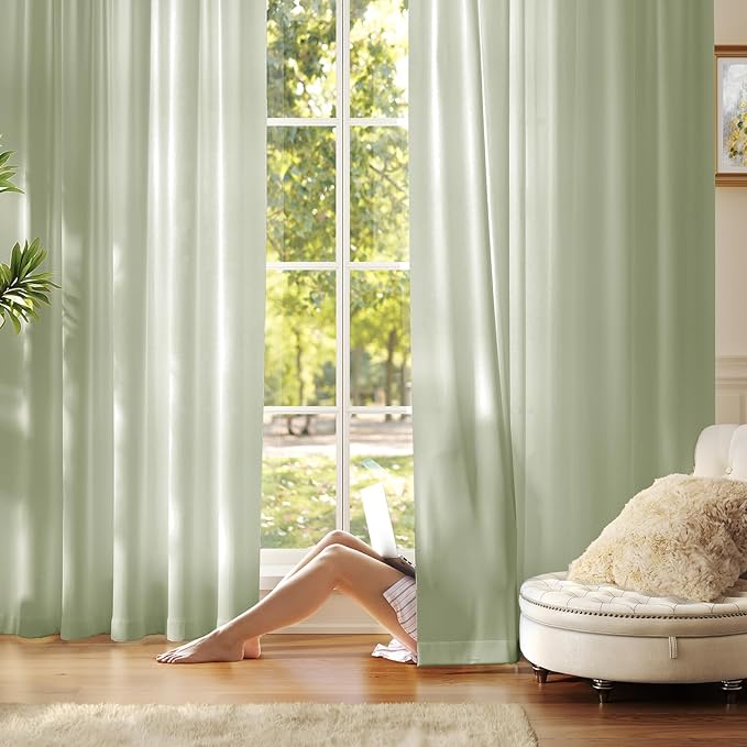 Anmao Non-See-Through Sage Green Privacy Semi Sheer Curtains for Living Room 102 Inch Length 2 Panels Set, Light Filtering That Let Light in Rod Pocket Window Drapes for Bedroom, 52W x 108L, Sage