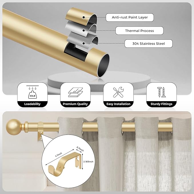 2 Pack Gold Curtain Rod, 1 Inch Adjustable Heavy Duty Curtain Rods for Windows 30 to 56 Inch, Decorative Modern Window Treatment Rods, Splicing Metal Drapery Pole, Easy Installation
