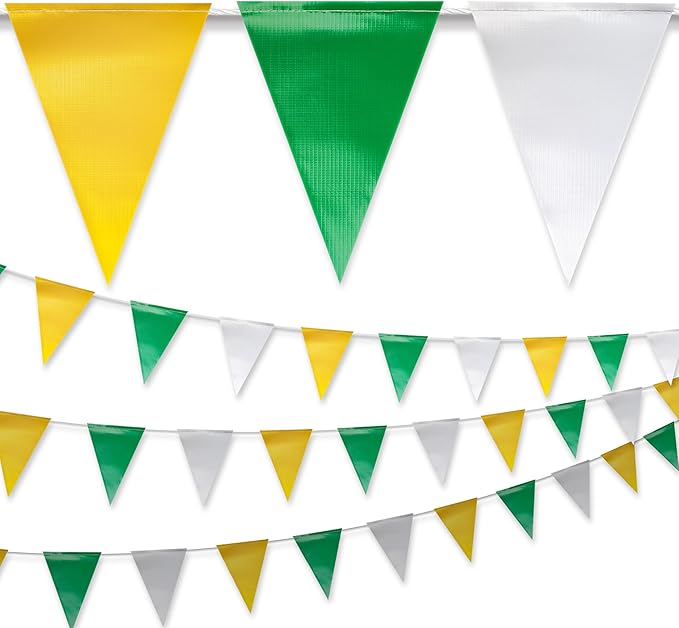 Yellow & White & Green Pennant Banner Flags | OSHA 500lb Rated | Strand Fade Resistant 【102FT】
