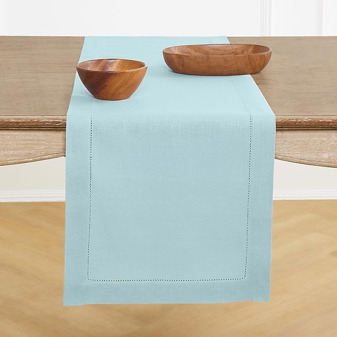 Solino Home Linen Aqua Blue Table Runner 60 Inches - Classic Hemstitch, 100% Pure Linen Coffee Table Runner 14 x 60 Inch Ideal for Dresser Tables - Winter, Spring, Easter