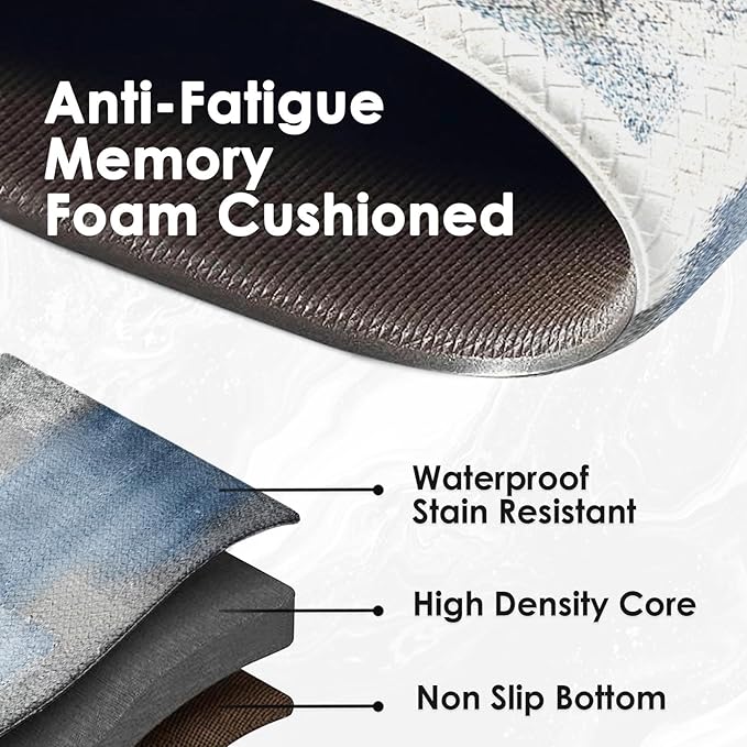 Arttown Blue Anti-Fatigue Kitchen Rug Set of 2 Navy Blue Grey Abstract Cushioned Floor Mat, Standing Waterproof Non-Slip Kitchen Mat and PVC Ergonomic Comfort Foam Rug