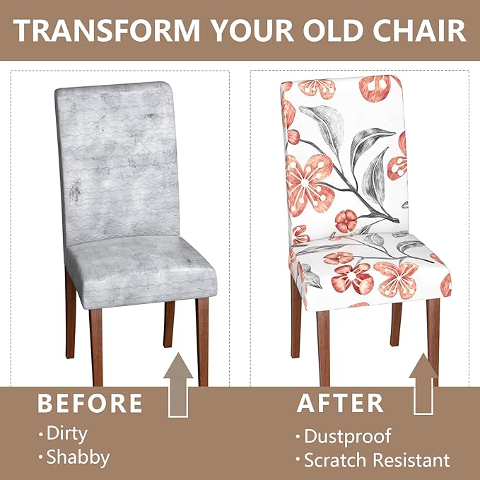Stretch Dining Chair Covers Set of 6,Floral Print Chair Covers,Soft Removable Washable,Pet Friendly Furniture Protector,Universal Chair Slipcovers for Home, Kitchen,Ceremony Dining Room Seat