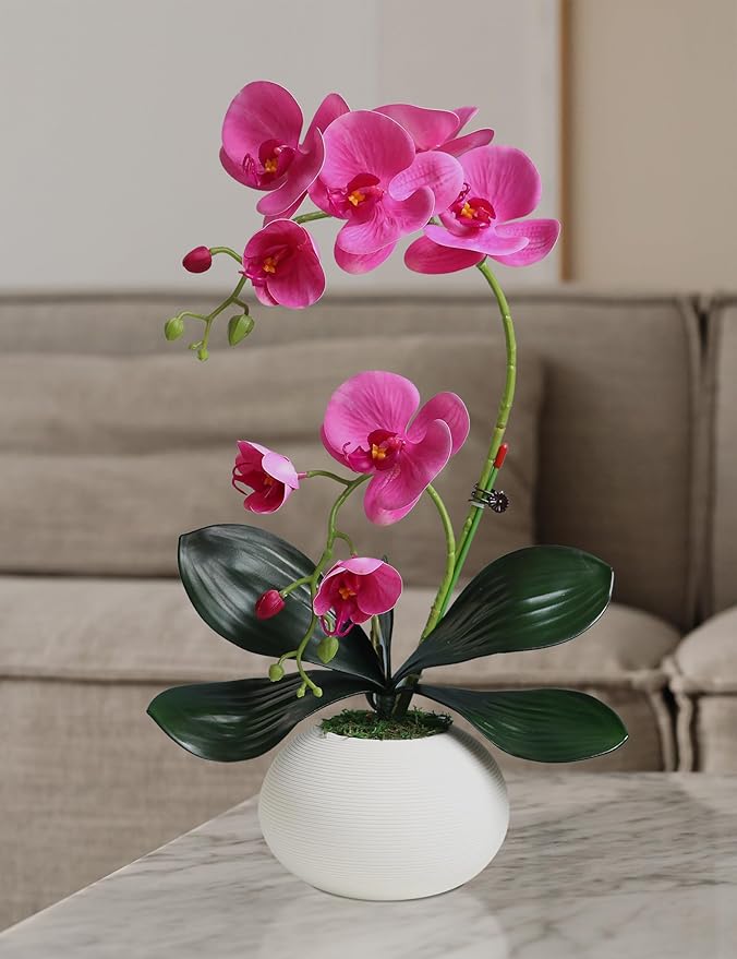 Forlaoers 17" Realistic Small Purple Orchid Faux Flowers Artificial Flower Arrangements with Vase Orchids Fake Plant Decor for Kitchen Table Centerpieces Home Dining Room Desk Decorations Indoor