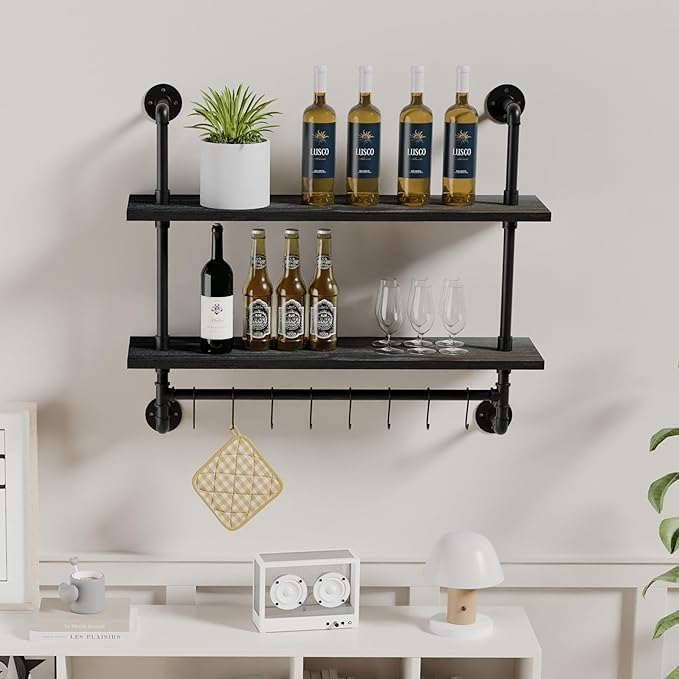 ROGMARS Industrial Pipe Shelving Pine Wood Floating Shelves for Wall, 30 inch Kitchen Wall Mounted Shelves Bathroom Shelves with Towel Bar Coffee Bar Shelf with Hooks for Living Room Bedroom