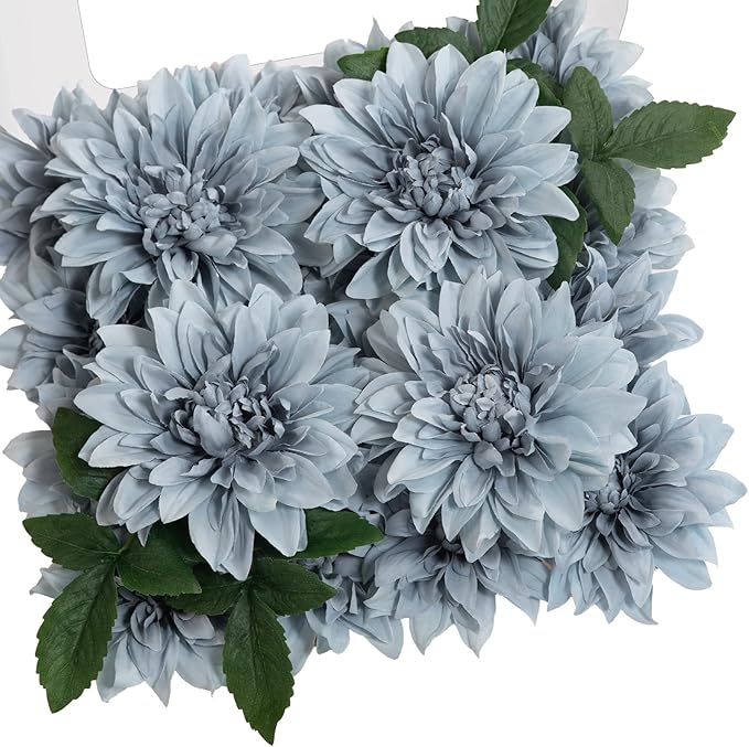 TINGE TIME Artificial Flowers 20pcs Silk Dahlia 5"/6" Fake Flowers for DIY Wedding Bridal Bouquets Centerpieces Arrangements Party Baby Shower Home Decorations (Dusty Blue)