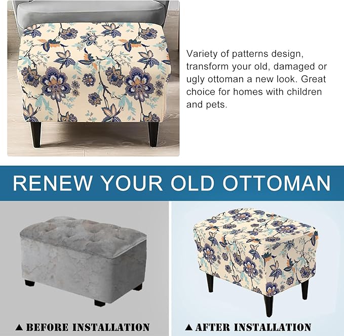 KRFOONN Stretch Ottoman Cover Slipcovers Rectangle Fit Length 55"-63" Footrest Stool Covers Printed Ottoman Cover for Foot Stool Furniture Protector with Non Slip Elastic Bottom, Color 26