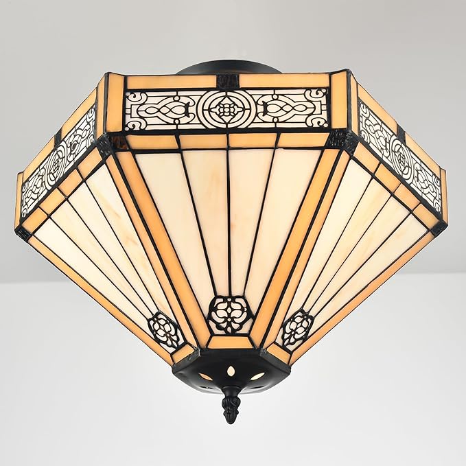 SAMTEEN Tiffany Style Semi Flush Mount Ceiling Light 3-Light Stained Glass Ceiling Light 16 Inches Tiffany Flush Mount Light Fixture for Hallway Foyer Bedroom Kitchen Living Room