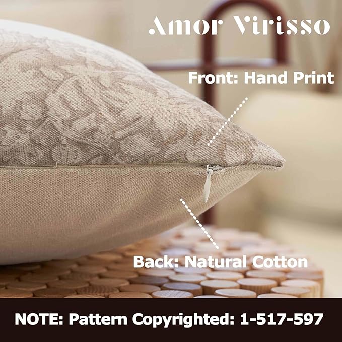 Amor Virisso Throw Pillow Covers 20x20 Floral Pillow Covers Block Print Farmhouse Neutral Pillow Covers Decorative Accent Throw Pillows for Couch Bed Living Room Sofa Pillows 1PC, Cream Oatmeal