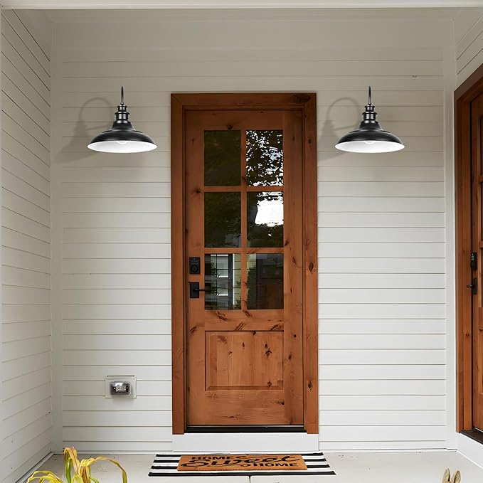 Outdoor Barn Light Fixture, 16 Inch Large Dome Farmhouse Exterior Wall Mount Light, Rustic Wall Sconce Indoor Wall Lighting Fixture, Industrial Black White Lantern for Porch, 1 Pack