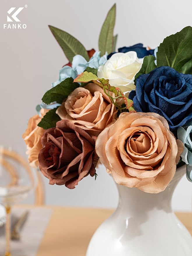 FANKO Artificial Flower Fake Rose Combo, 5 Mixed Silk Flowers Bouquet Dark & Light Brown Cream Roses, Blue Dahlia for DIY Wedding Bridal Bouquets/Centerpieces/Home Decorations