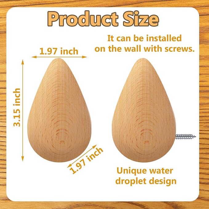 4 Pcs Wooden Coat Hanger Hooks Water Drop Shaped Hat Rack Wall Mounted for Wall Dressing Room Decor