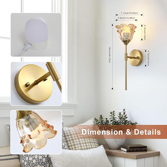 2 Pack Battery Operated Wall Sconce with Amber Glass Shades, Wireless Rechargeable RGB Wall Light with Remote Control, for Bedroom Mirror Living Room, ETL Listed