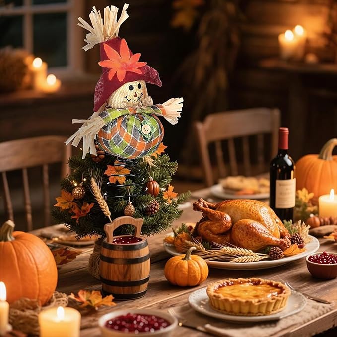Thanksgiving Scarecrow Tree Topper, 8 Inches Harvest Autumn Tree Ornaments, Fall Christmas Treetops Ornaments for Farmhouse Home Party Supplies
