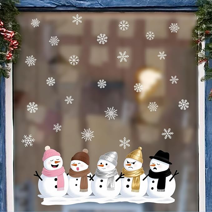 Snowman Wall Decals for Winter | Peel and Stick Christmas Decorations – Removable Holiday Snowflake Wall Stickers for Home, Living Room, Windows, Office, or Seasonal Décor – 5 Snowmen Design