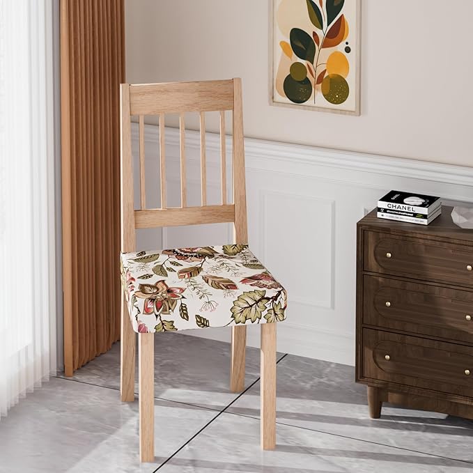 Stretch Dining Chair Seat Covers Set of 2,Dining Chair Slipcovers, Floral Printed Chair Covers,Soft Fabric Washable Upholstered Chair Seat Protector, No Rear Covers for Home Kitchen Dining Room