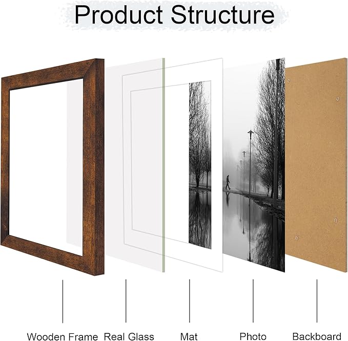 iRahmen 8x12 Picture Frame Set of 4 with High Definition Real Glass, Display 6x8 Pictures with Mat or 8 x 12 Without Mat, Wood Rustic Photo Frames for Tabletop and Wall Mounting