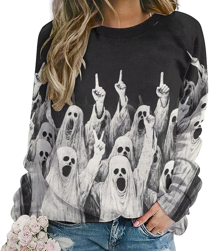 Halloween Sweatshirts for Women Funny and Spooky Print Crewneck Oversized Pullover Outdoor Lounge Fashion Sweater