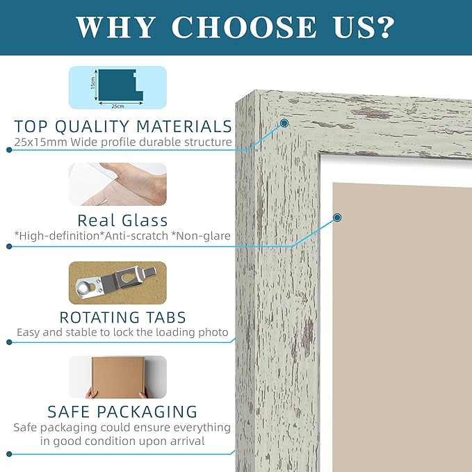 4x6 Picture Frame Set of 2, Made of Real Glass and Sage Green Wooden Frame - Display Pictures 3.5x5 with Mat or 4x6 Without Mat, 4 by 6 Photo Frame for Wall or Tabletop Display